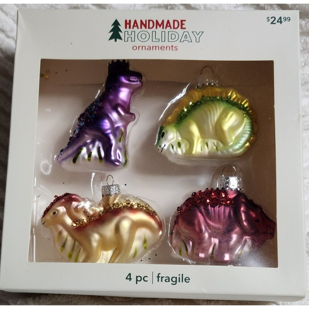 🎄VINTAGE Handmade Holiday (4) DINOSAUR BlownGlass CHRISTMAS Metallic Ornaments